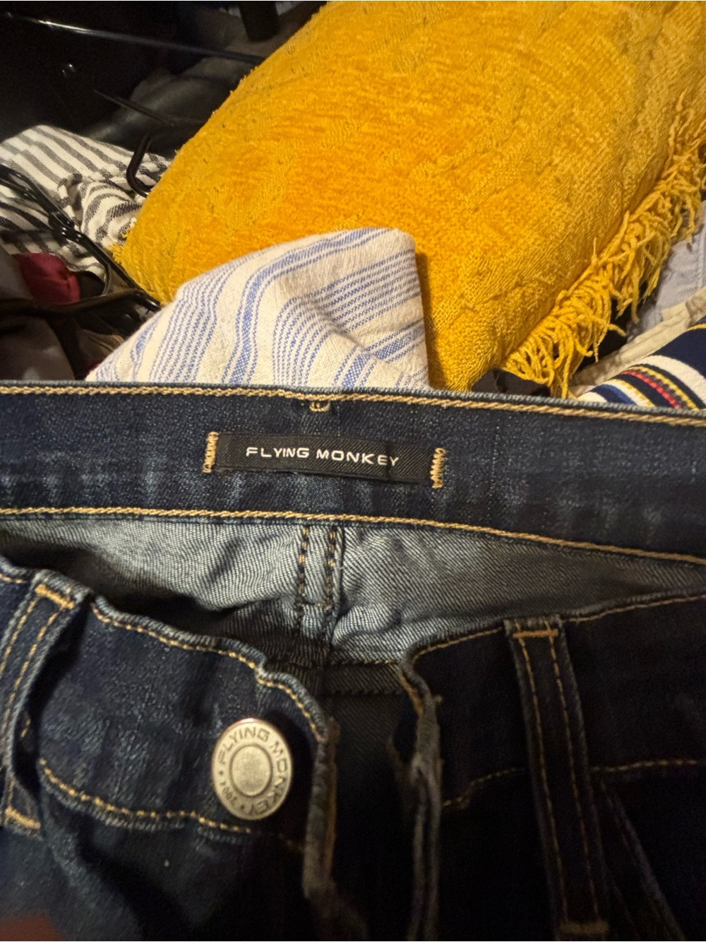 Flying Monkey Dark Blue Slim Straight Jeans with Gold Stitching
